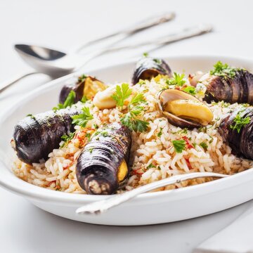closeup shot ready to serve arroz de lulas recheadas gourmet food styling minimal white background