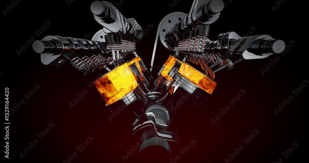 Poster Wireframe Car Exposing Moving V8 Engine Parts With Spark Plugs and Pistons. Industry And Technology Related 3D Animation.