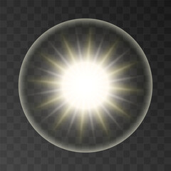 Circular light burst with transparent glow. Vector illustration on a dark checkered background