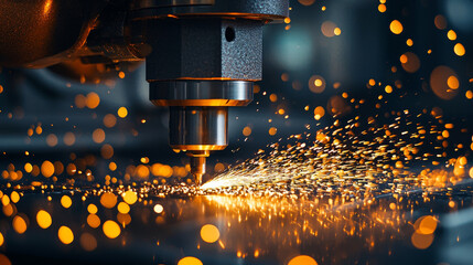 This image captures a CNC machine tool cutting metal, showcasing precision engineering with flying metal shavings and a detailed focus on industrial craftsmanship