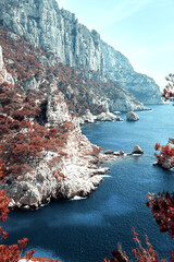 Infrared view on the sea and mountains