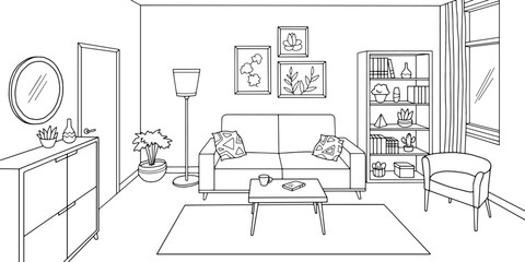 Living room graphic black white home interior sketch illustration vector 