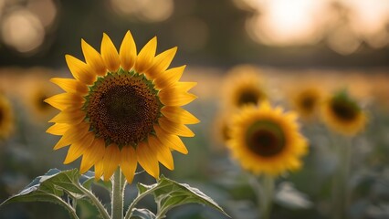 Fototapeta premium field sunflowers closeup shot of a beautiful yellow sunflowers with a blurred background in day light
