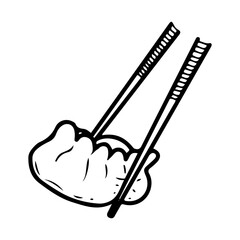Gyoza dumpling taken with chopsticks. Hand drawn doodle vector. Traditional Asian food. Jiaozi. Dim sum. Dough with meat or vegetable filling. Restaurant menu. Illustration line art element.