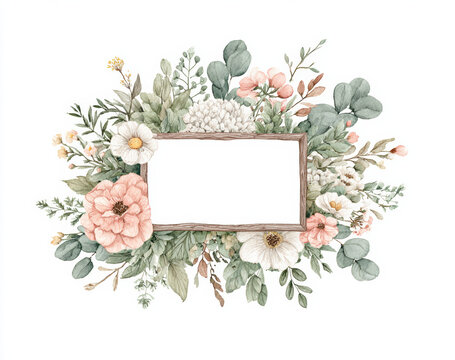 Floral arrangement with an empty frame suitable for invitations or announcements in soft pastel colors