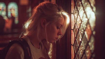 Contemplative young woman standing by stained glass window in soft light, showcasing emotional depth and serene atmosphere in an intimate setting