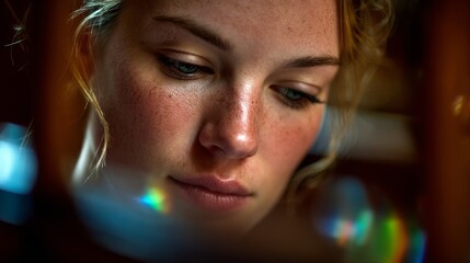 Young woman gazing thoughtfully at shimmering light reflections, exploring creativity and inspiration within an intimate indoor environment