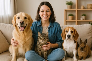 Fototapeta na wymiar Happy woman with pets