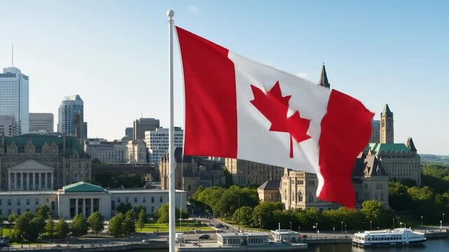 The Canadian flag waves proudly above the Ottawa cityscape, featuring Parliament Hill and historic architecture. 4K footage video
