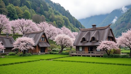 Fototapeta premium Serene Currents: A River Meandering Through Lush Japanese Countryside and Blossoms