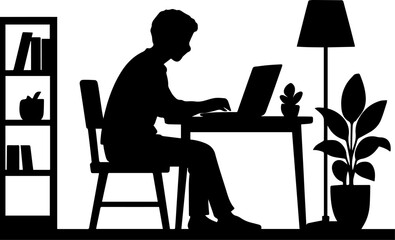 Fototapeta premium WebPerson Working at Desk with Laptop, Books, and Plant Silhouette