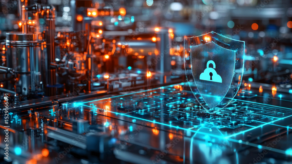 Poster cybersecurity for industrial automation.a digital shield protecting a factory network from potential