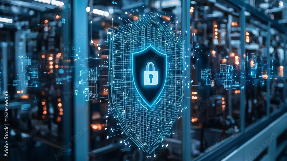 Poster cybersecurity for industrial automation.a digital shield protecting a factory network from potential