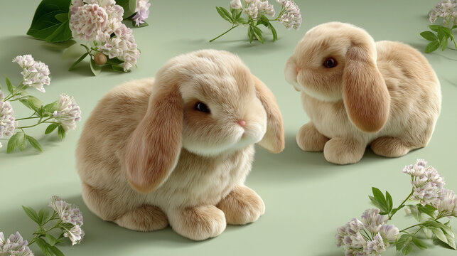 Adorable Lop-Eared Bunnies with Spring Flowers - Cute Rabbit Illustration.  This image is perfect for projects related to Easter, spring, nature, childhood, pets, greeting cards and nursery decor.