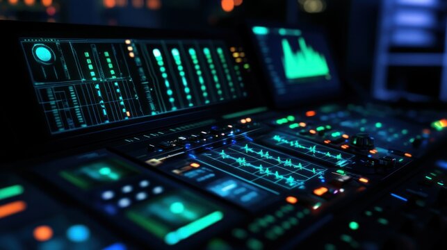Dark, glowing audio mixing console