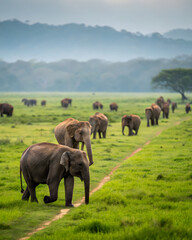 Obraz premium Herd of wild elephants walking on grassy green meadow while grazing in savanna of Sri Lanka on blurred background