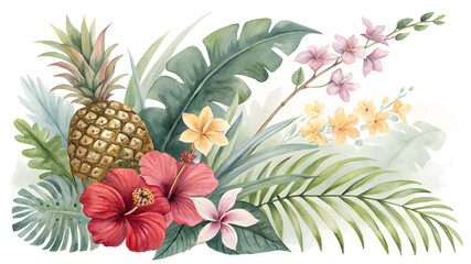 Fototapeta premium Tropical Set. Exotic flower hibiscus, orchid, monstera palm leaf and pineapple, ripe fruit. Jungle watercolor painting