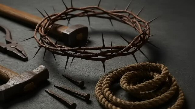 The Passion of Christ: Crown of Thorns, Nails, and Tools on a Dark Background Depiction