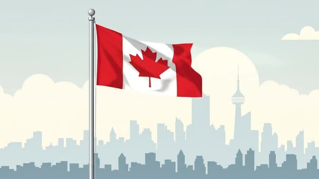 A Canadian flag waves gracefully in the foreground of a stylized city skyline featuring the iconic CN Tower