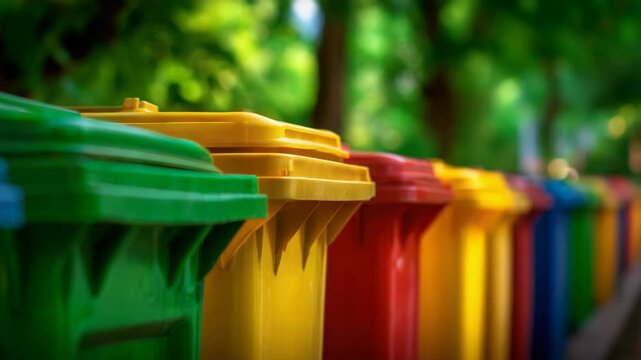 Colorful Wheelie Bins in a Park: A Symbol of Waste Management, Recycling, and Environmental Responsibility