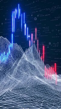 Abstract vertical data display. Blue to red gradients over a wireframe grid background. Graph shows upward and downward trends.
