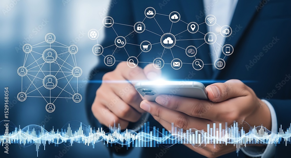 Poster businessman using mobile phone with connected digital network icons