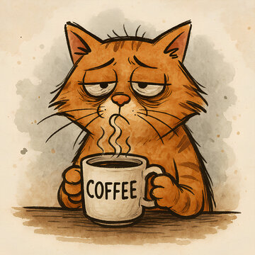 Tired cat drinking coffee