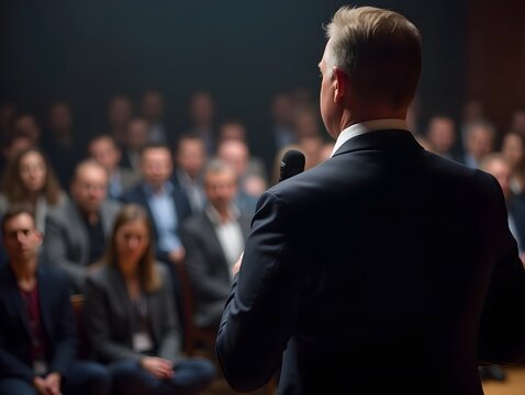 Business seminar and crowd. Businessman with microphone at stage. Politician or director communicate and convention. Leader speech. Male political speaking event
