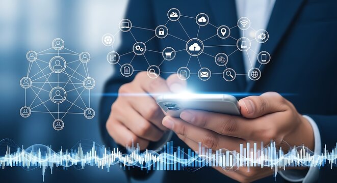Businessman using mobile phone with connected digital network icons