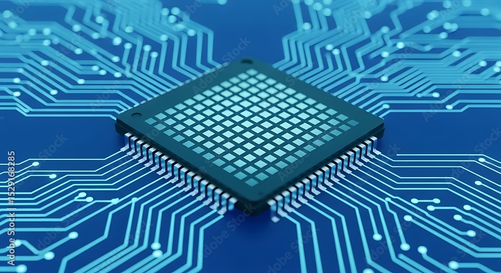 Poster close up view of a central processing unit on blue background