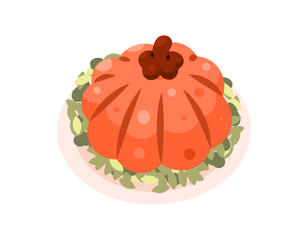 illustration of a pumpkin with leaves. pumpkin fruit, harvest and autumn. flat style design. fall design elements or assets, thanksgiving