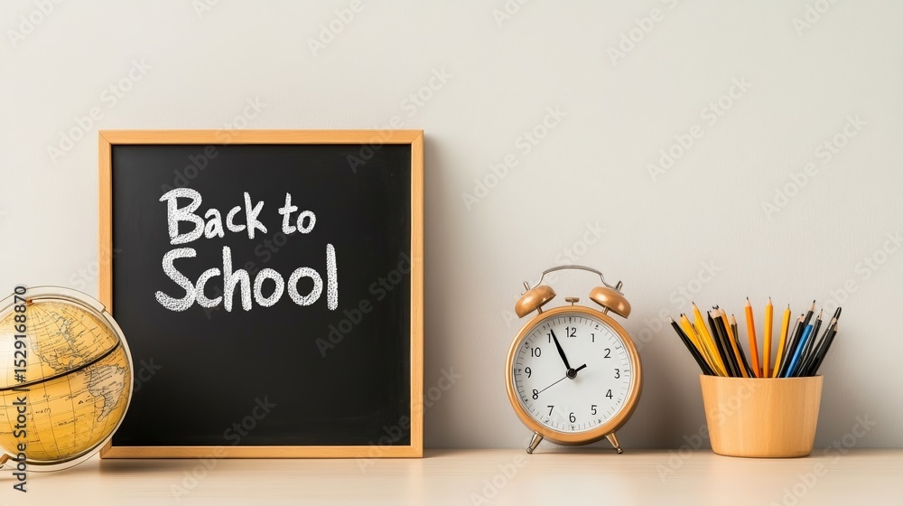 Poster back to school concept featuring a blackboard with the text back to school written on it, an alarm c