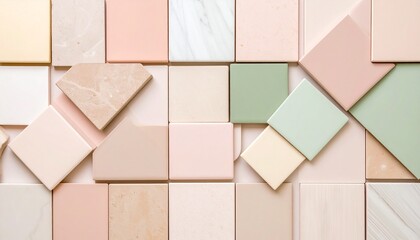 Matte ceramic tiles in layered blush, pistachio, and butter tones, arranged in clean geometric composition.
