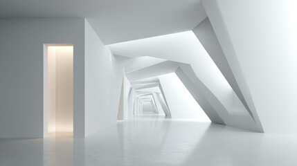 Minimalist white office with abstract geometric shapes and soft lighting, embodying modern simplicity and creative elegance