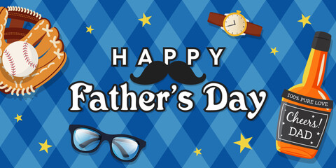 Happy Father's Day Banner on blue rhombic pattern vector illustration. Things that remind you of your dad