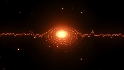 background with glowing orange cyber core and radial electric pulses spreading across layered concentric circuits on black backdrop, clean futuristic tech design

