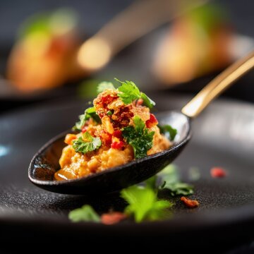 closeup shot ready to serve matapa gourmet styling shallow