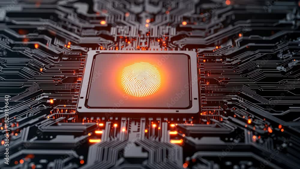 Poster digital electronics futuristic circuit technology with glowing fingerprint sensor innovation