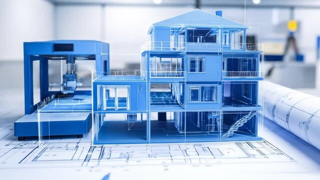 3D Printed House Model Over Blueprints