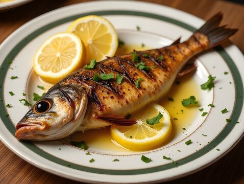Exquisite plate of grilled fish garnished with fresh lemon slices ready to delight your taste buds with flavorful taste