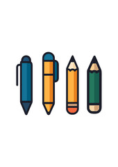 Vector illustration of various pens and pencils in flat style. Includes colorful ballpoint pens and sharpened pencils, perfect for educational, office, or creative design themes. Clean, simple, and su