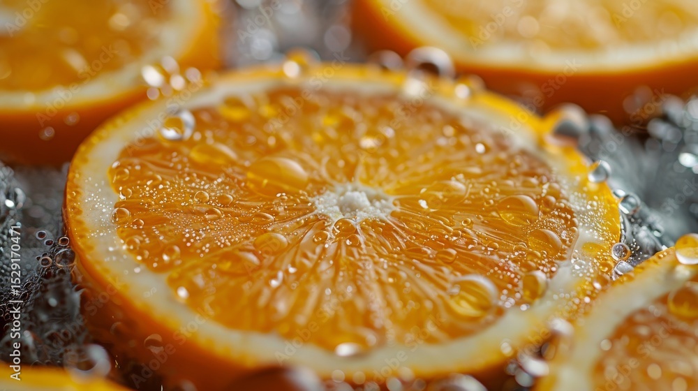 Poster close-up of vibrant orange slices submerged in water, each slice is covered in bubbles, presenting a