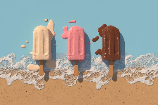 Three ice creams are melting on the beach.