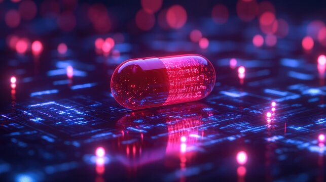 A vibrant red pill rests on a glowing circuit board