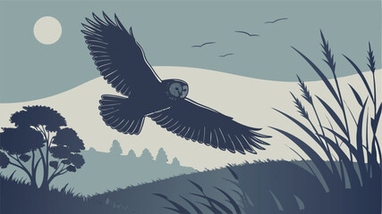 Barn Owl in Flight over Serene Landscape bird flying