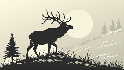 Majestic Elk Silhouette in Moonlit Landscape deer night