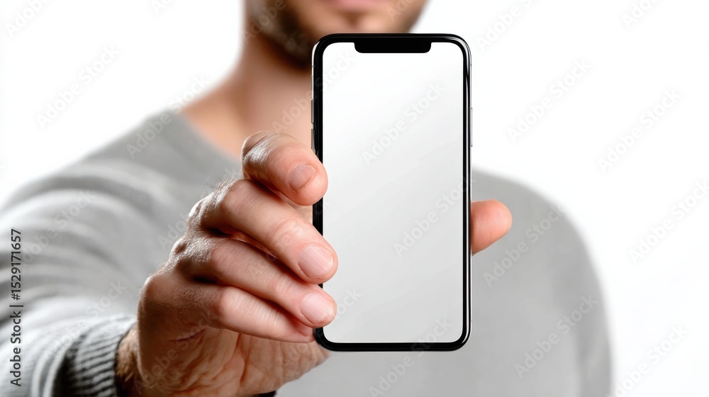 Poster person holding blank smartphone screen for app promotion and mobile technology, representing connect