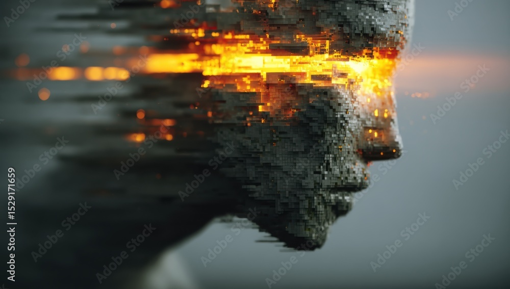 Aufkleber Abstract Pixelated Humanoid Head With Glowing Eyes, Symbolizing Artificial Intelligence and Technological Innovation in Recruitment and Digital Transformation Projects : Generative AI