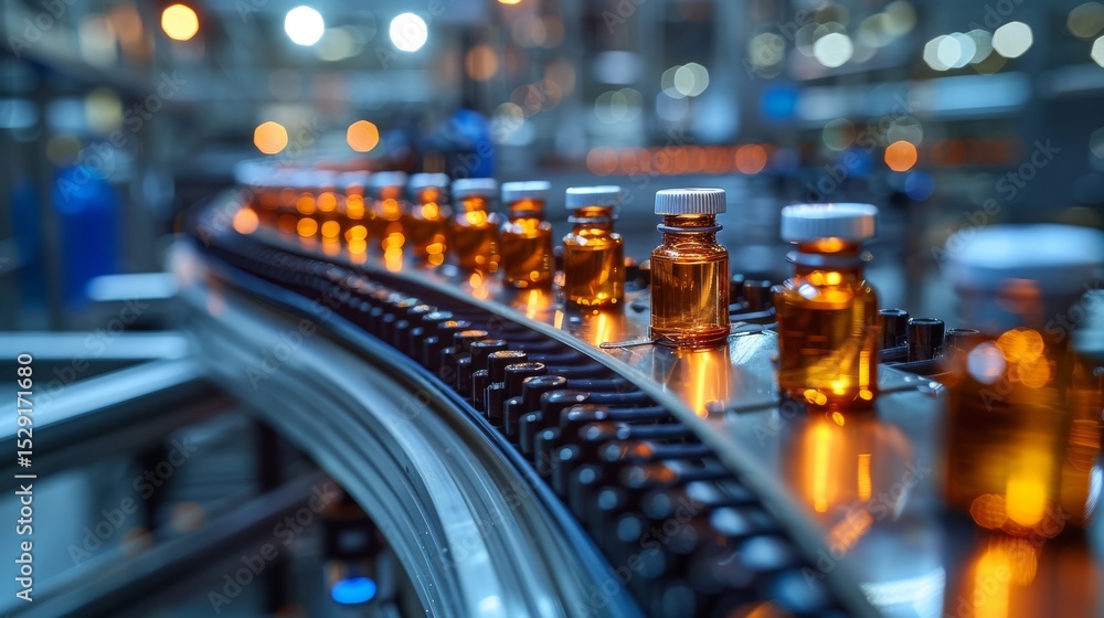 Poster a dynamic view of amber bottles moving along a production line in a busy manufacturing facility, sym