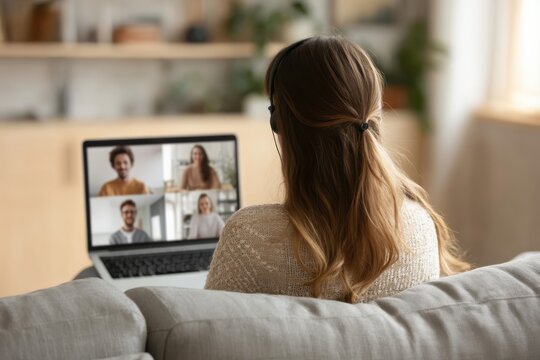 Woman on Laptop Video Call From Home, Illustrating Remote Communication and Online Collaboration for Business and Education : Generative AI